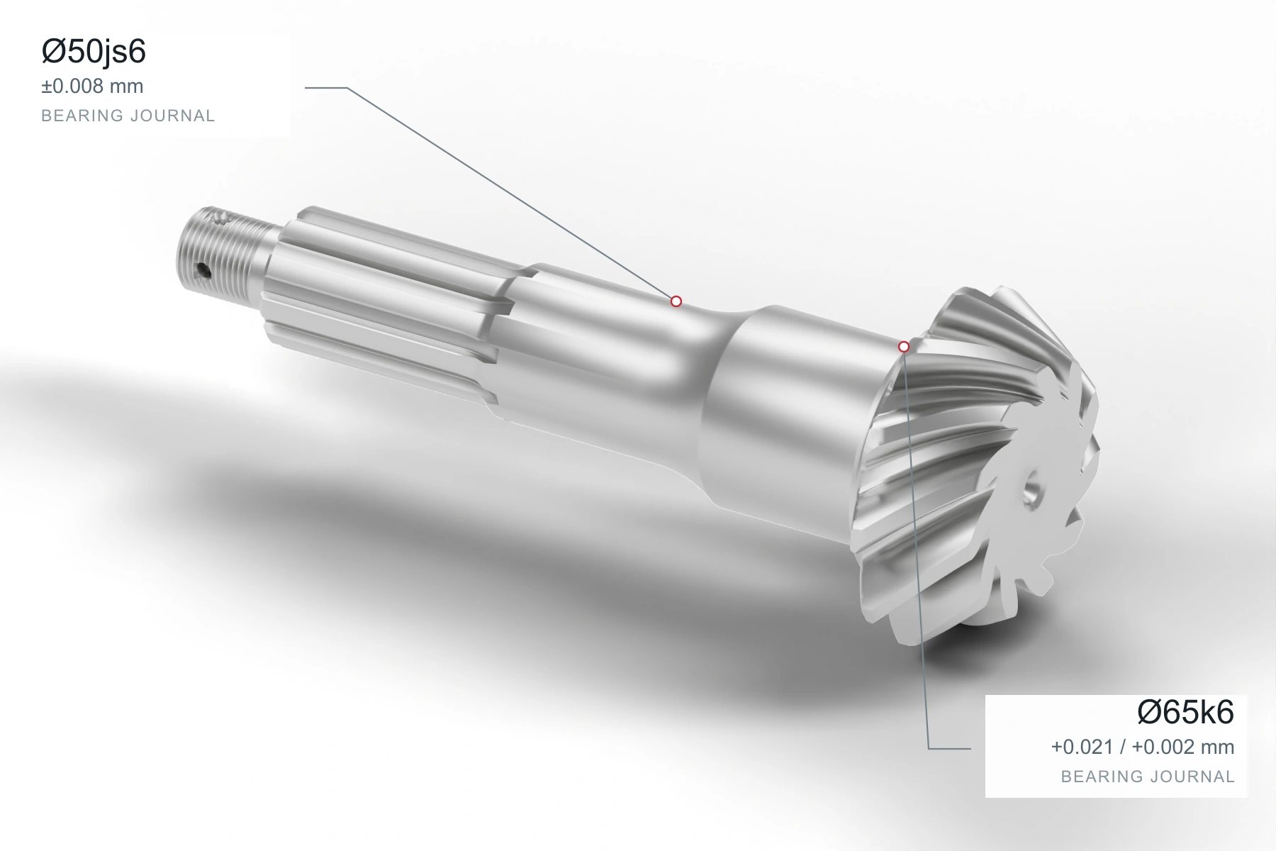 Spiral bevel gear shaft CAD studio render with example drawing requirements