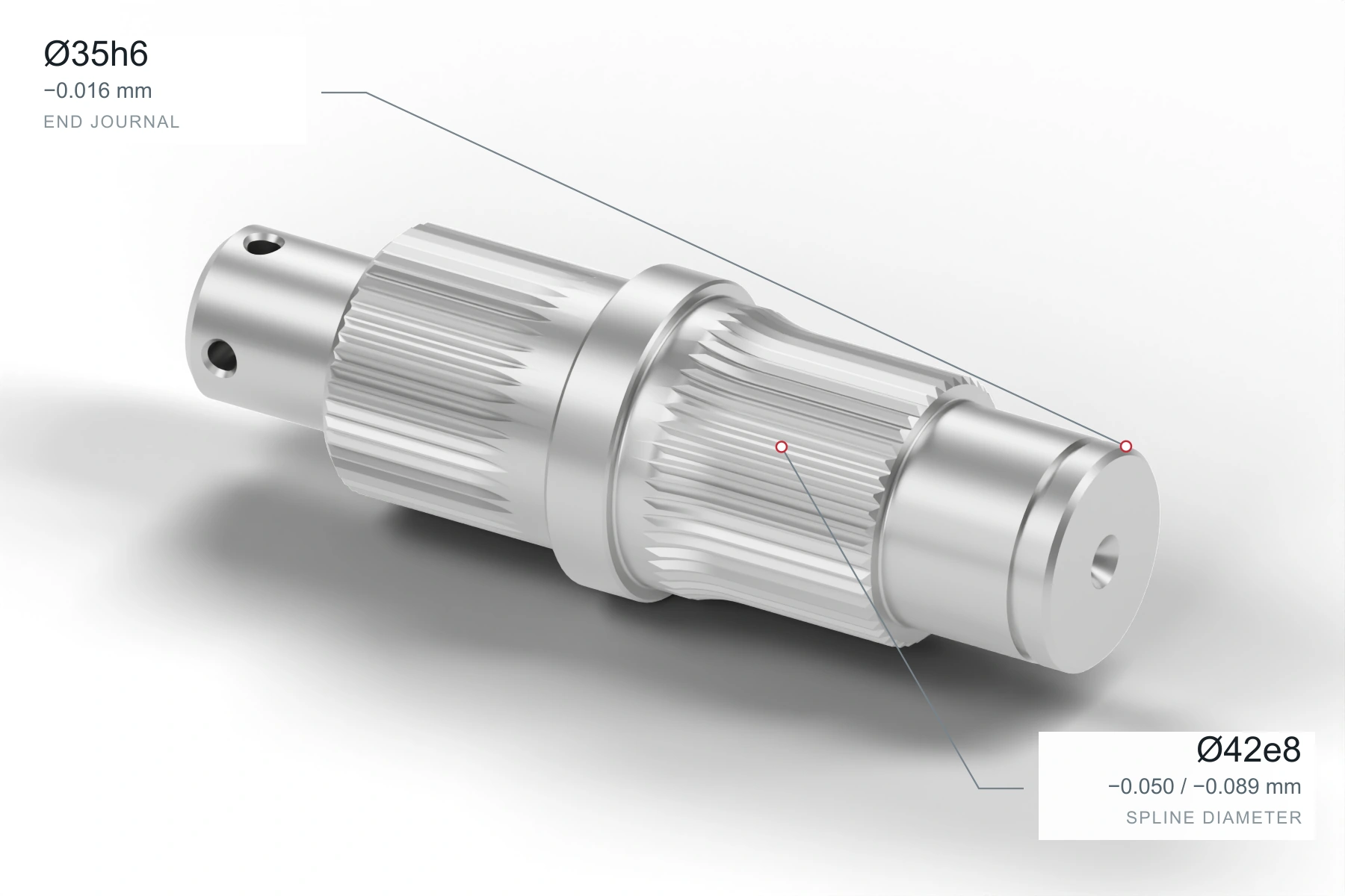 Output shaft CAD studio render showing spline and journal features