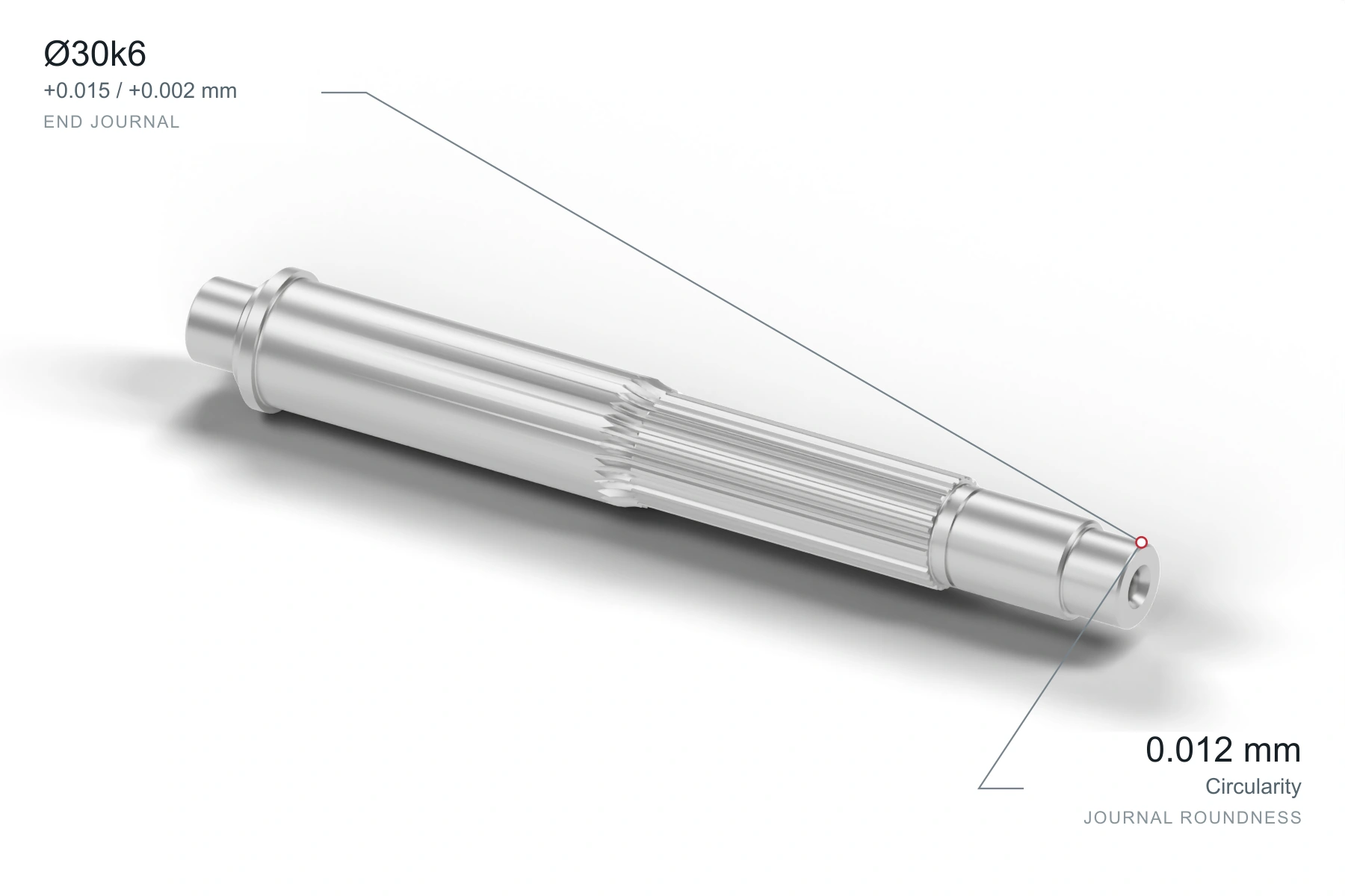 Long splined shaft CAD studio render with example journal and drawing callouts