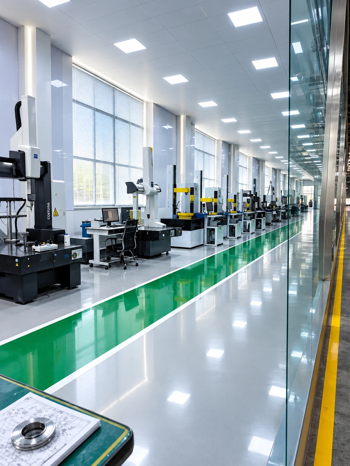 A row of coordinate measuring machines and workstations along a workshop aisle