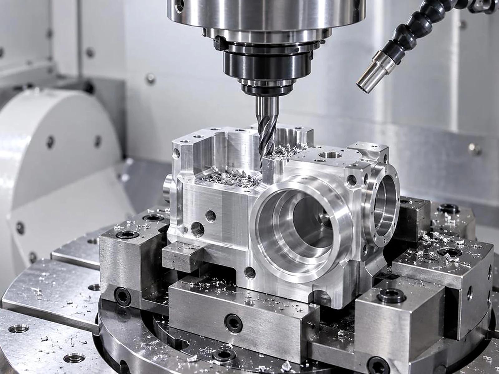 A milling cutter above a machined metal component secured to a machine table
